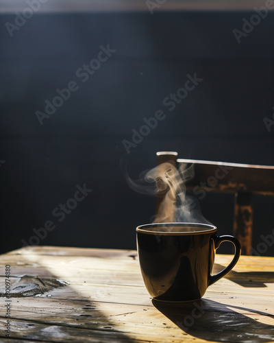 Close-up of a steaming coffee mug on a rustic table