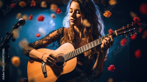 Beautiful young woman playing guitar in dark room with rose petals
