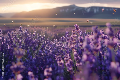 A field of lavender sways gently in the breeze, camera pans across to capture rows of purple hues blending into the horizon, bees buzzing harmoniously, soft sunlight bathing the scene, evoking a tranq photo