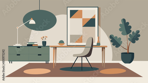 Oversized artwork and a statement rug in muted colors add a touch of drama and sophistication to an otherwise minimalistic and clean home office.