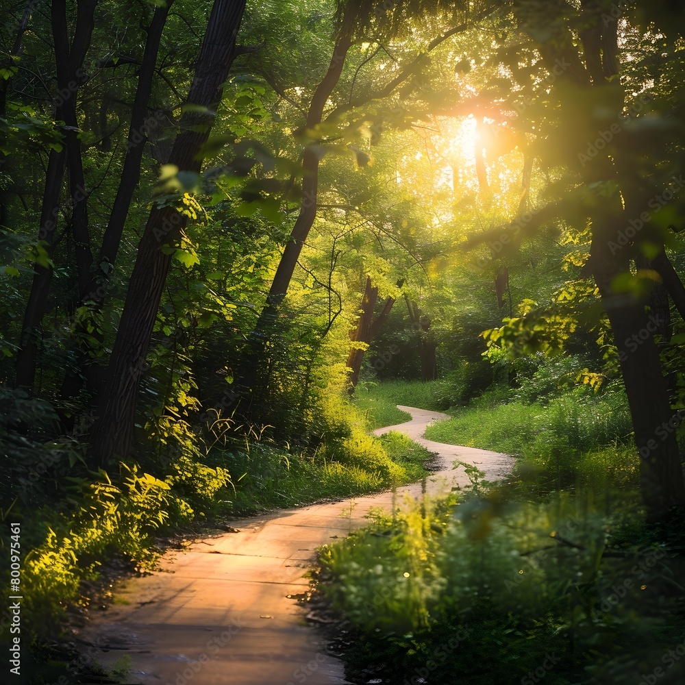 Obraz premium Winding Forest Path Bathed in Warm Sunlight and Lush Greenery