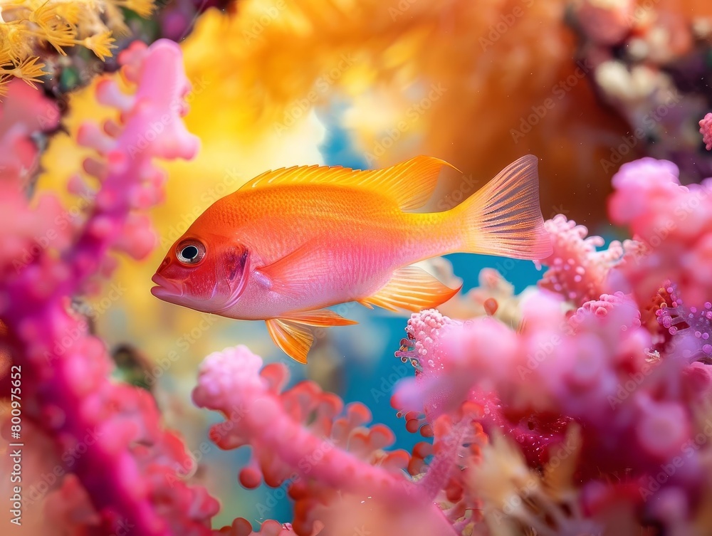 Obraz premium Small cherry basslet darting through coral, bright colors in natural ocean setting