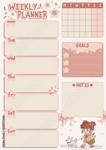 Kawaii weekly planner with spring flowers and a cute girl walking with a dog. Printable to do list for notes.