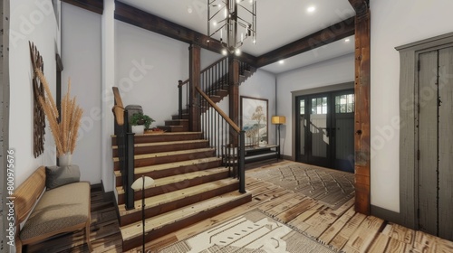 stairs to the second floor of a luxurious house decorated in white. design of a living room in a house with tables and chairs on a wooden floor