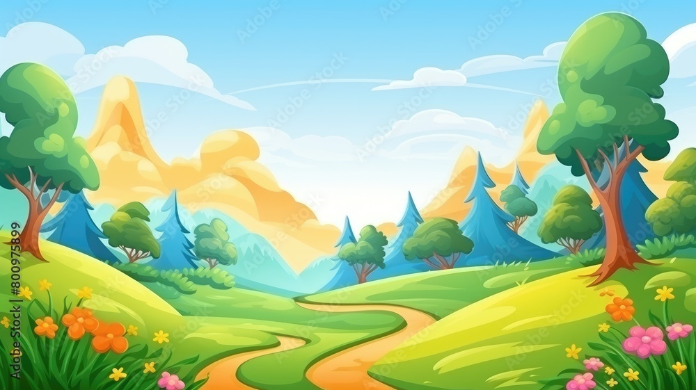Sunny Countryside Landscape with Rolling Hills and Lush Trees