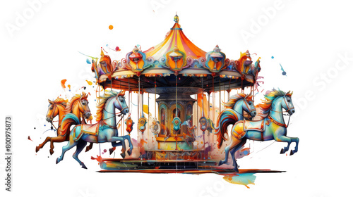 A vibrant painting of a carousel with colorful horses prancing in a circular motion, capturing the essence of fun and excitement photo