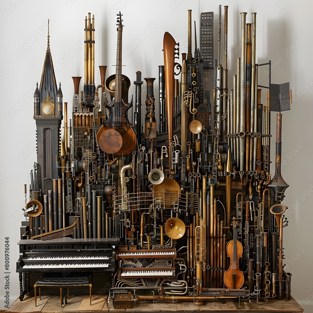 Naklejka premium Whimsical Cityscape Sculpted from a Symphonic Arrangement of Musical Instruments