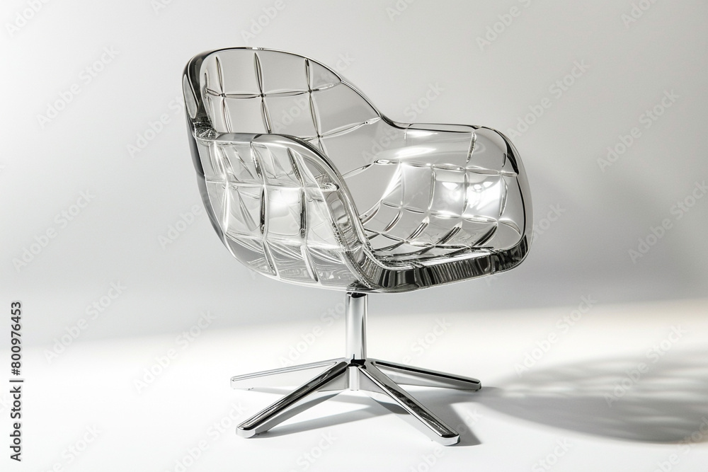 A transparent swivel chair with a geometric patterned seat isolated on a solid white background.