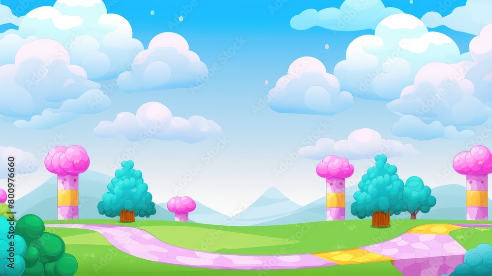Whimsical Cartoon Landscape with Rolling Hills and Blue Sky Whimsical Cartoon Landscape with Rolling Hills and Blue Sky