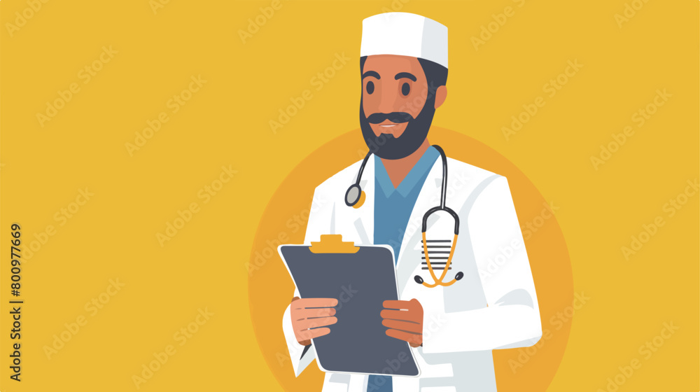 Young Muslim doctor with clipboard on yellow background