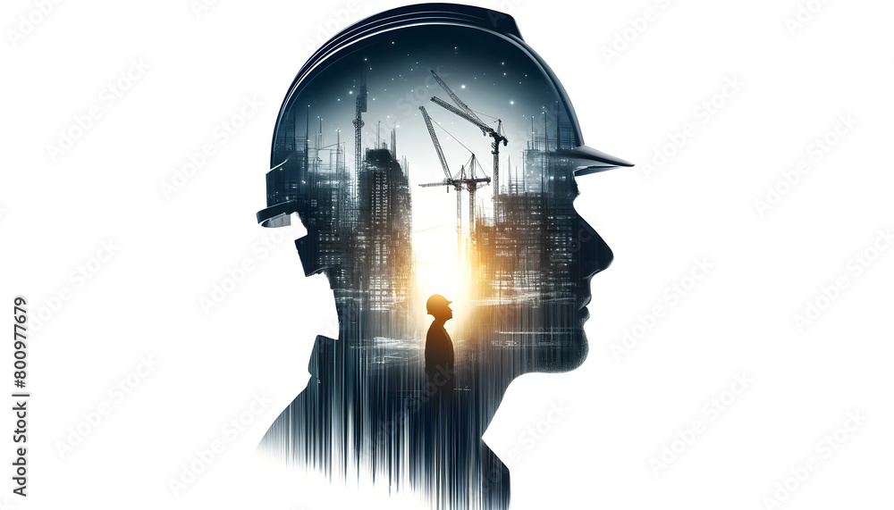 a silhouette with a double exposure effect of a construction site.