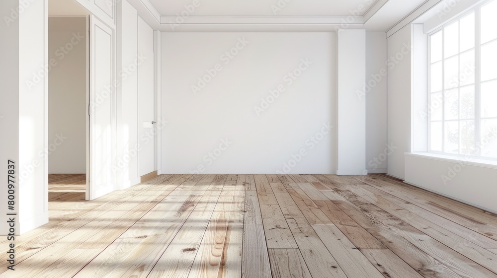 an empty white room with wood floors and a white wall