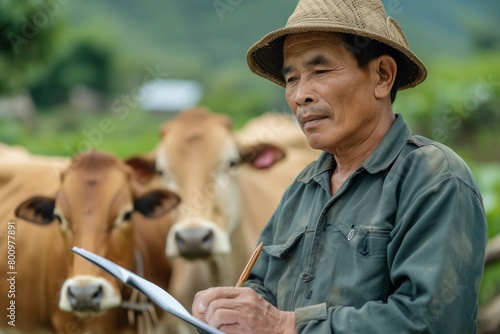 man writing while standing in front of cows. generative ai photo