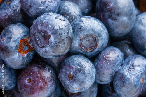 Fresh and delicious blueberries with water drops