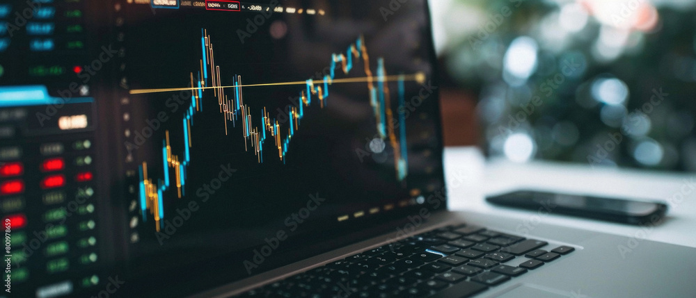 A laptop screen shows a graph of stock prices A laptop screen shows a graph of stock prices