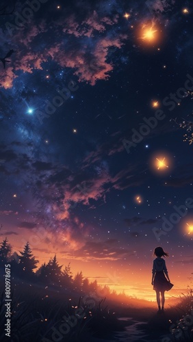 Girl with mystical scene the starry night sky