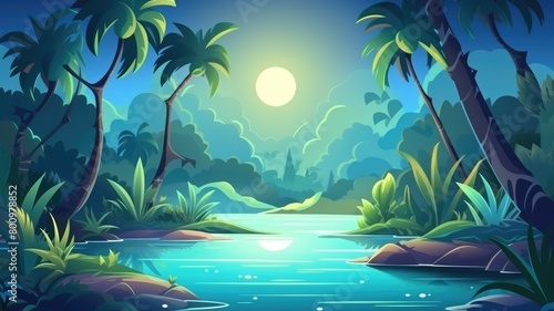 Tropical Moonlight Serenity with Palm Silhouettes