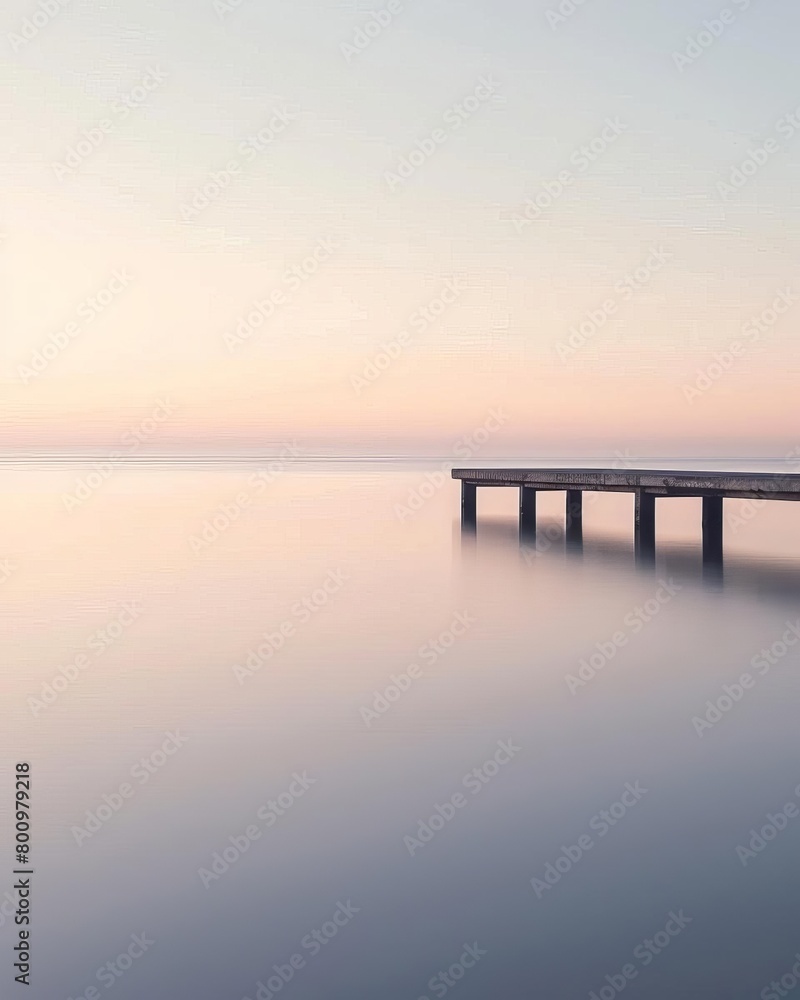 A minimalist seascape featuring a lone pier against a soft, pastel dawn sky The shadow of the pier stretches far into the gentle sea, emphasizing tranquility and space