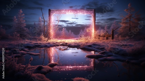 The image is a beautiful landscape with a glowing portal in the middle.