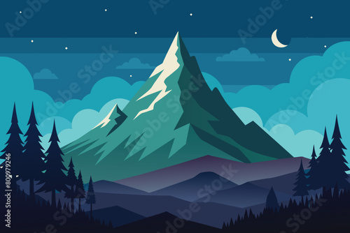 Panorama of Amazing nature. Beautiful view on a peak mountains. Mountain  forest and Starry sky. Vector