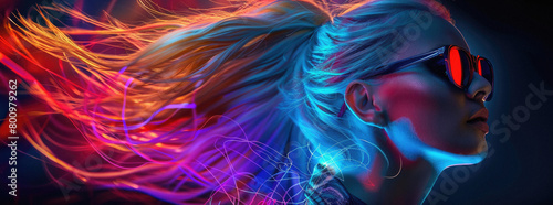 A woman with long hair and sunglasses is shown in a colorful, neon background