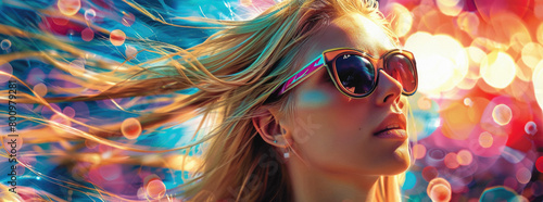 A woman with long blonde hair and sunglasses is the main focus of the image