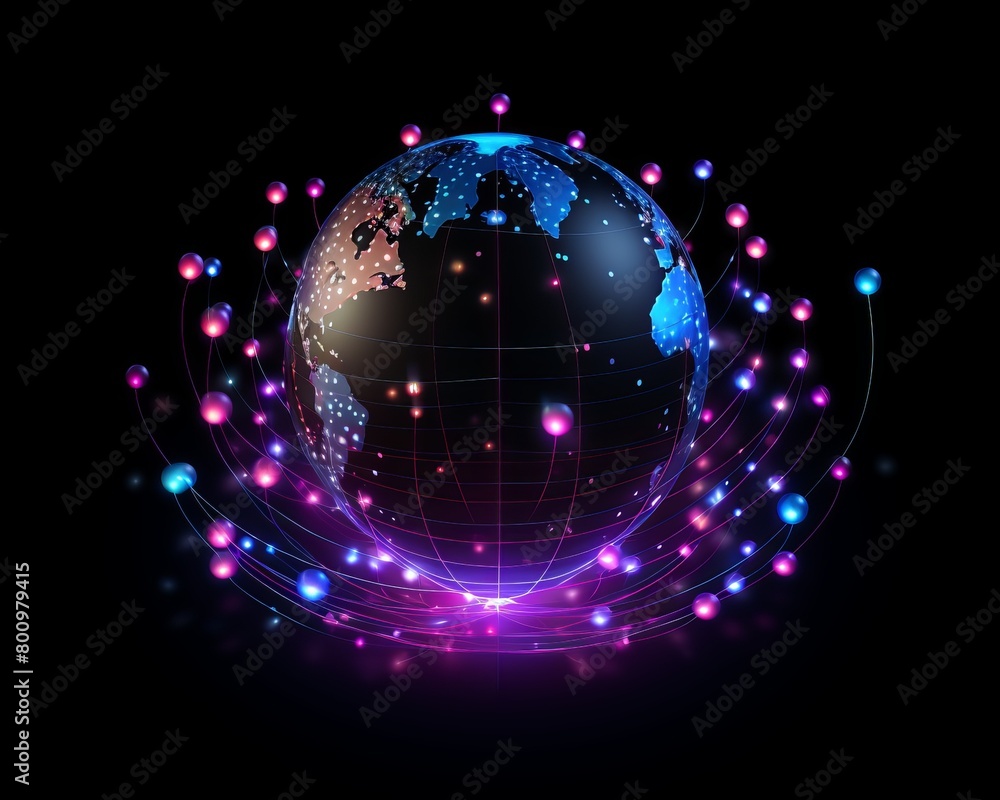 Obraz premium The image shows a glowing blue and purple globe with a network of glowing blue and purple lines around it. The globe is on a black background and there are stars in the background.