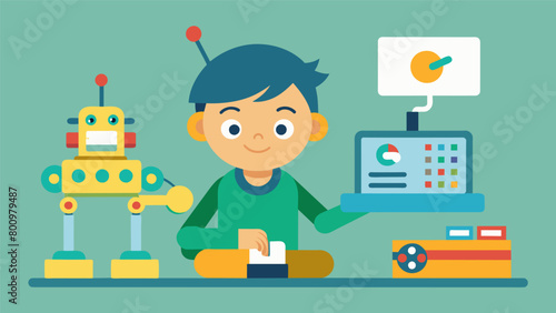 A child playing with a programmable robot using it to learn problemsolving and critical thinking skills..