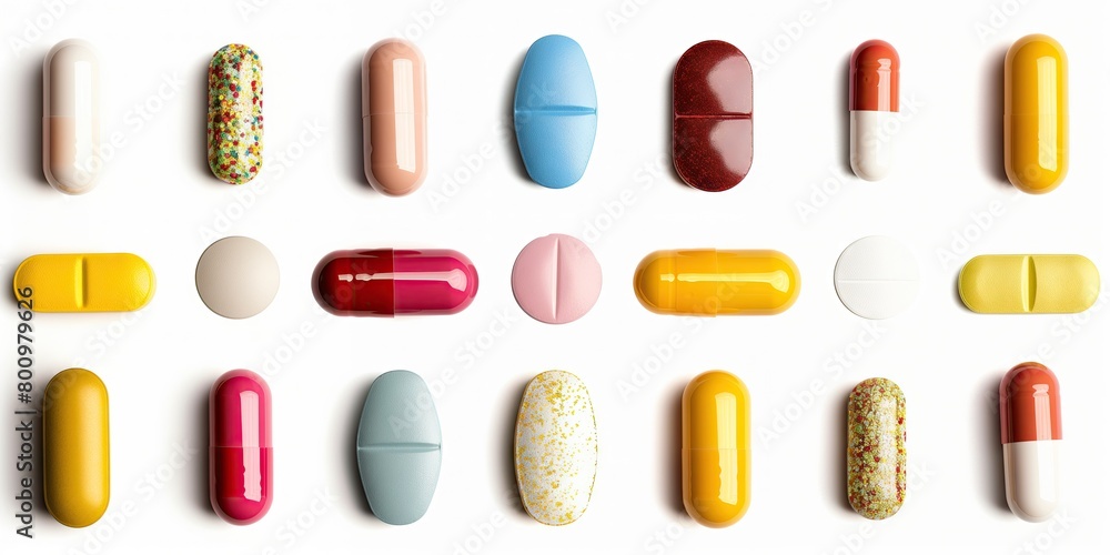 Close-up photo of different sets of medicines Isolated on a white background. Close-up photo of different sets of medicines Isolated on a white background.