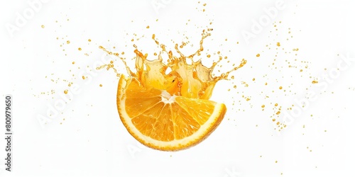orange slices and juice splashing Isolated on a white background.