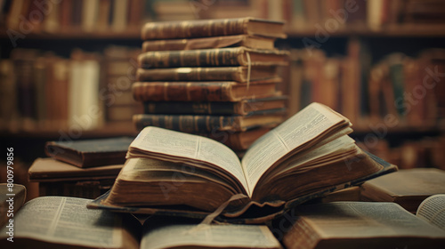 A stack of vintage books with an open book on top amidst a library setting, embodies the pursuit of knowledge and the appreciation of classic literature photo