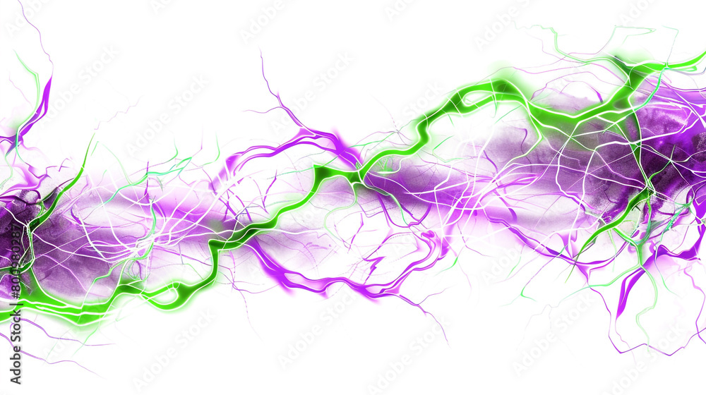 Glowing green neon lightning arcs with lively purple wave formations, isolated on a solid white background.