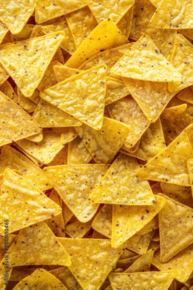 A stack of yellow triangular tortilla chips neatly arranged on top of a table