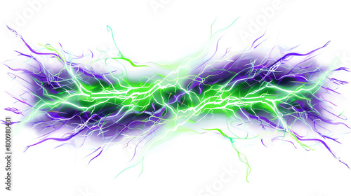 Glowing green neon lightning arcs with lively purple wave formations, isolated on a solid white background."