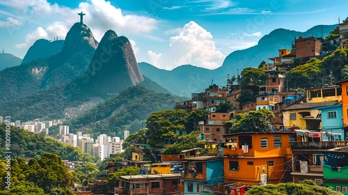 Vibrant Cityscape with Iconic Statue Overlooking a Bustling Favela. Urban Diversity and Landmarks in One Frame Show the Contrast of Life. Captivating Skyline for World Travelers. AI photo