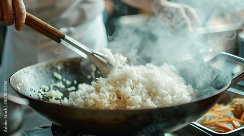 a restaurant chef is cooking fried rice photo
