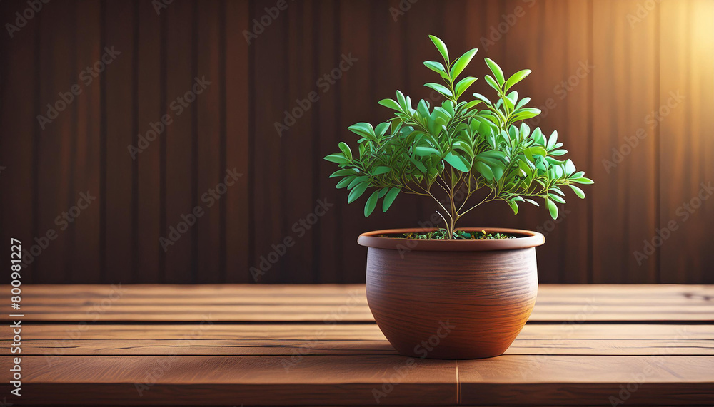 Green potted plant in the pot on wooden table background and copy space for insert text.
