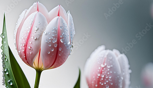 Tulip with macro detail. Beautiful white and red flower with water drops on petals on white blurred background	
