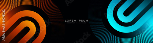 Dark abstract background with orange and blue light effect. Glowing diagonal rounded lines. Modern gradient geometric shape design element. Futuristic concept. Vector illustration