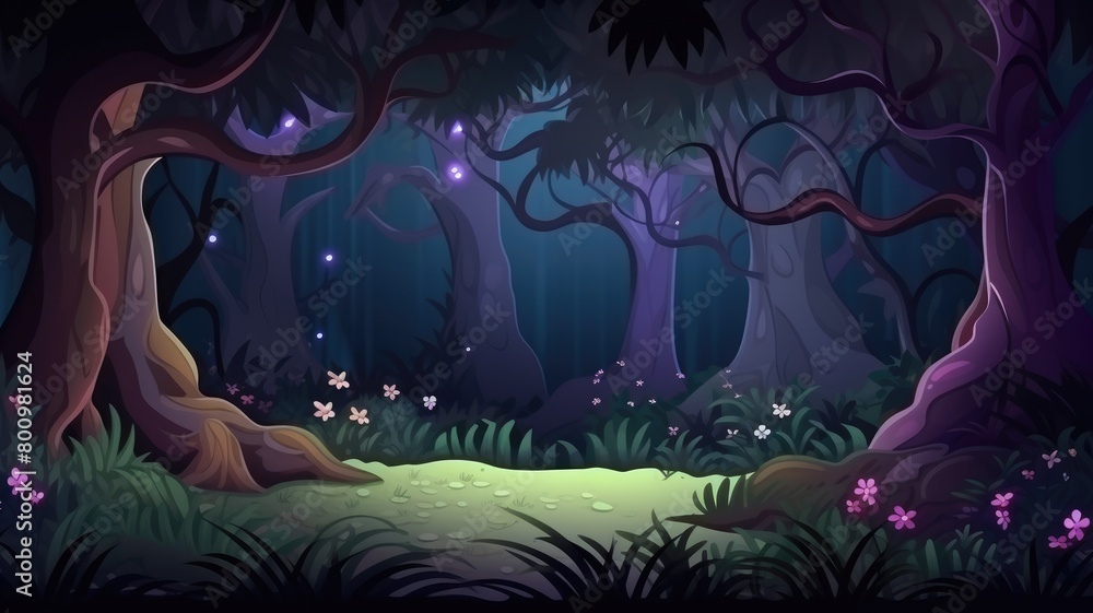 Mystical Nighttime Forest with Magical Lights