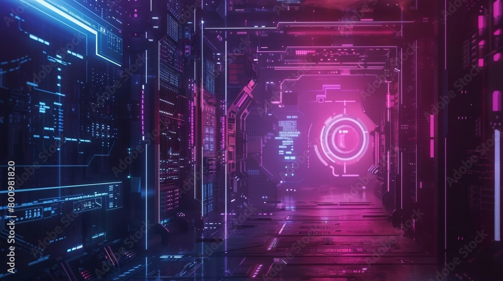 Obraz premium Futuristic Server Room with Glowing Blue Portal
