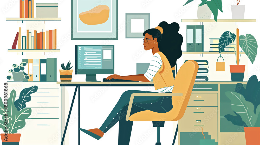 büro mit frau die ihr business macht am computer als cartoon abbildung am pult büro mit frau die ihr business macht am computer als cartoon abbildung am pult