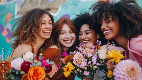 A group of happy women with bouquets of flowers
