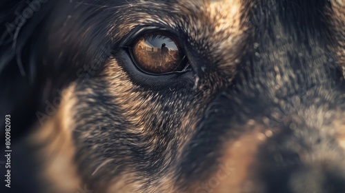 A close-up shot of a rescue dog's expressive eyes, reflecting resilience and hope, capturing the essence of National Rescue Dog Day.