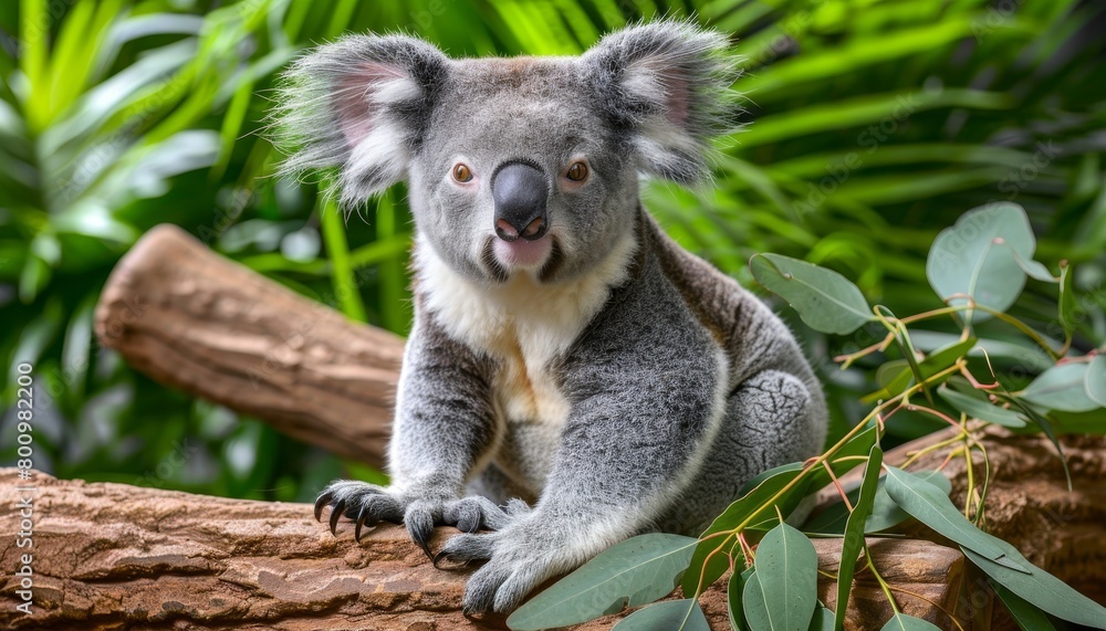 Fototapeta premium Tranquil koala peacefully eating leaves in its verdant tree habitat, conveying harmony with nature