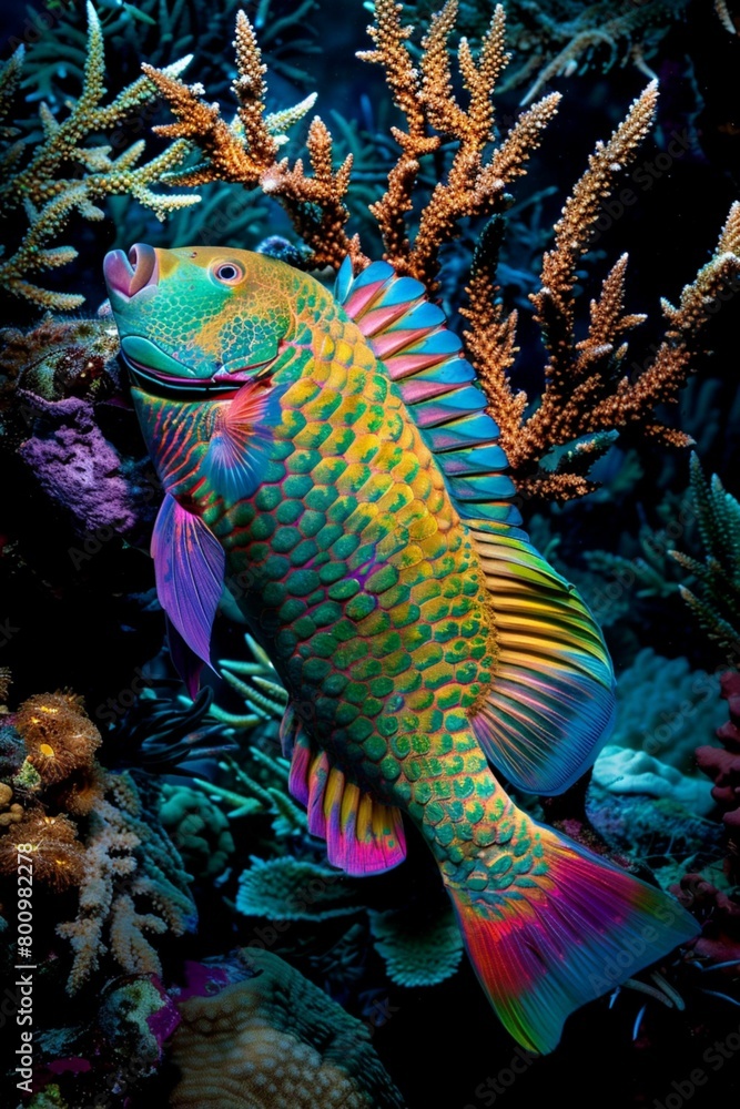 AI generated illustration of a vibrant Mediterranean Parrotfish (Sparisoma cretense) swimming AI generated illustration of a vibrant Mediterranean Parrotfish (Sparisoma cretense) swimming