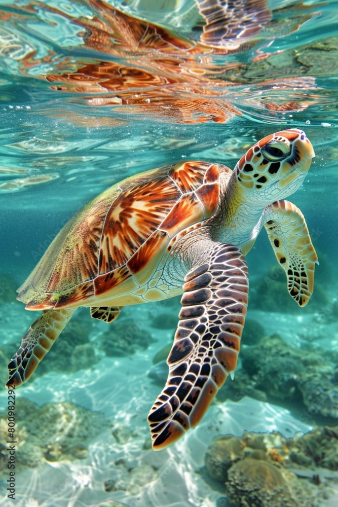 Fototapeta premium AI generated illustration of a Sea Turtle (Caretta caretta) in the warm waters of the Mediterranean