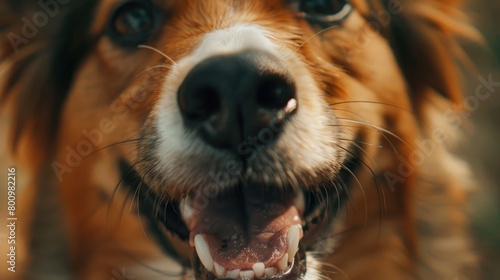A close-up shot of a rescue dog's happy face, with a big smile and bright eyes, radiating joy and love on National Rescue Dog Day.