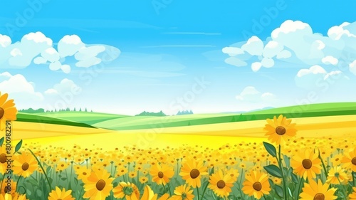 Vibrant Sunflower Field with Busy Bees Illustration