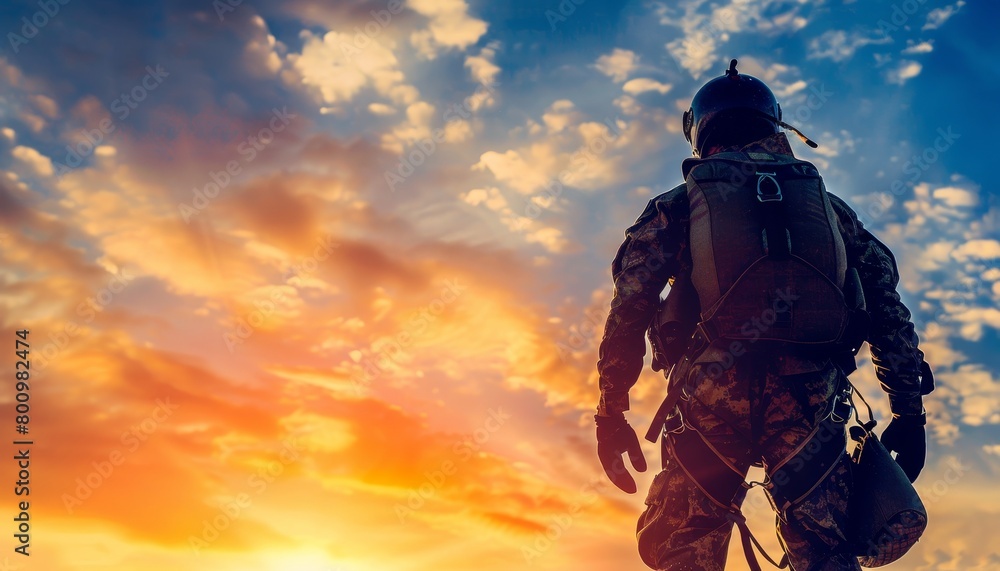 Businessman in skydive gear silhouetted against clouds, ready to leap into vast sky Businessman in skydive gear silhouetted against clouds, ready to leap into vast sky